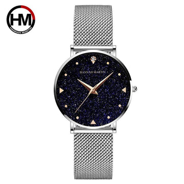 Elegant Golden Tone Ladies Wristwatches Quartz Movement Stainless Steel Mesh Band Night Stars Face Watches For Women